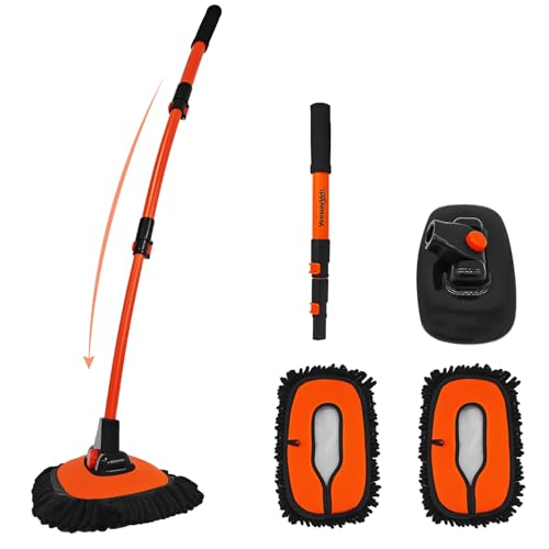 YeewayVeh Car Wash Brush, 43" Extendable Car Wash Brush Mop with Long Handle, 15 Degree Curved Soft Car Washing Brushes with Extra Microfiber Brush Head for Truck SUV Cleaning, Orange - Image 1