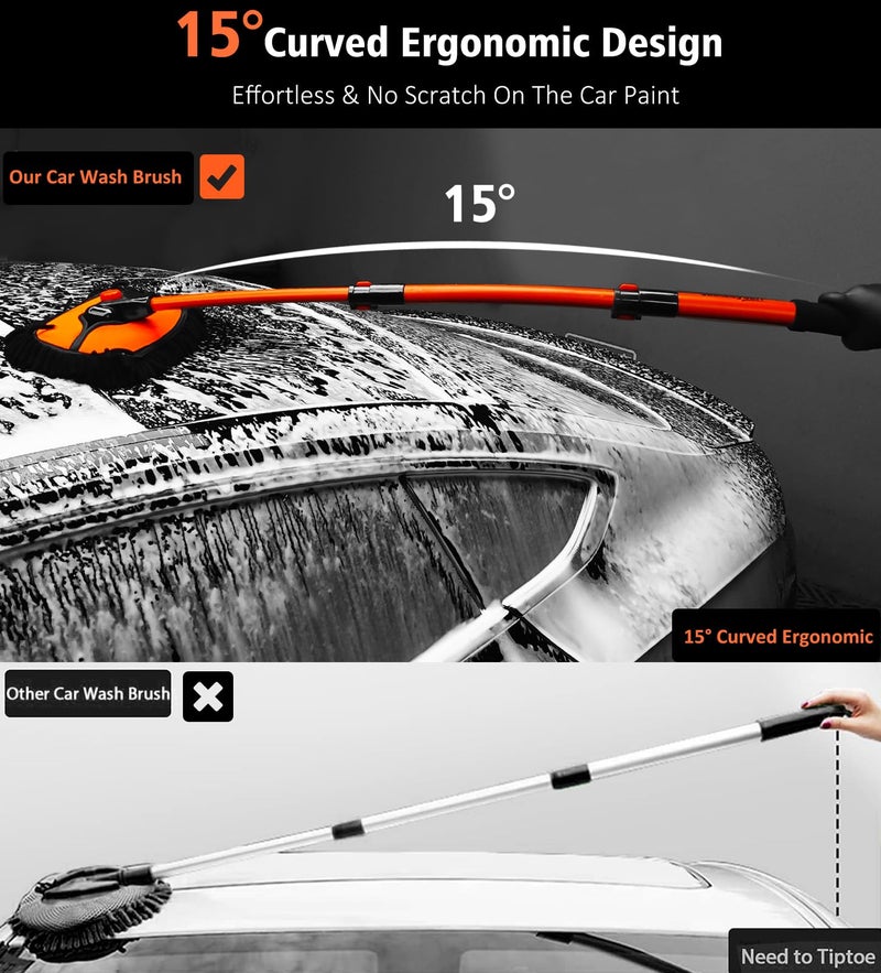 YeewayVeh Car Wash Brush, 43" Extendable Car Wash Brush Mop with Long Handle, 15 Degree Curved Soft Car Washing Brushes with Extra Microfiber Brush Head for Truck SUV Cleaning, Orange - Image 3