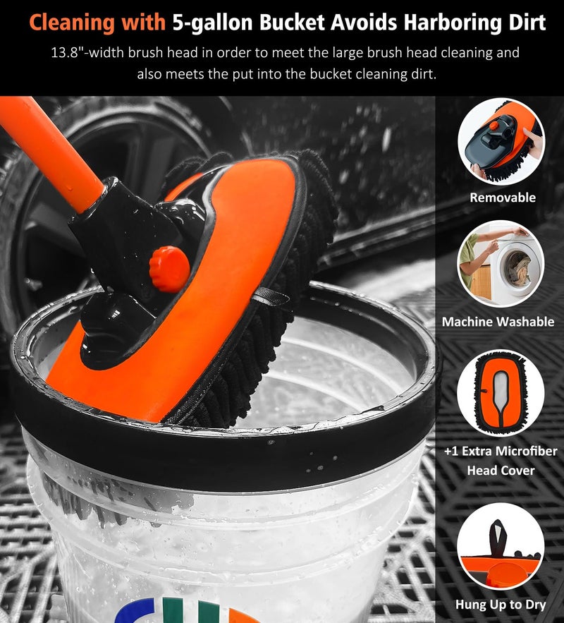 YeewayVeh Car Wash Brush, 43" Extendable Car Wash Brush Mop with Long Handle, 15 Degree Curved Soft Car Washing Brushes with Extra Microfiber Brush Head for Truck SUV Cleaning, Orange - Image 5