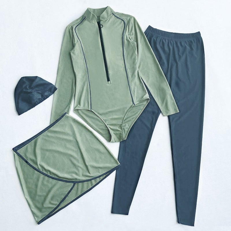 Full Surrounded Sheltering Diving Surfing Conservative Swimsuit Four-Piece Beach Printed Sunscreen Long-Sleeved Split Swimsuit - Image 1