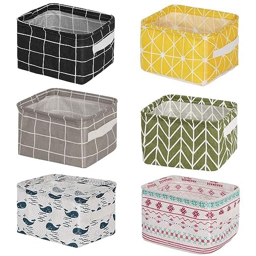 Minitul Pack of 6 Foldable Multipurpose Storage Box Small Canvas Fabric Organizer Baskets for Organizing Multi Purpose Storage Organizer Box with Handles Boxes for Storage in Wardrobe Multi Design - Image 1