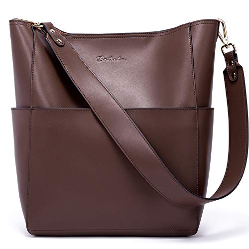 BOSTANTEN Women's Leather Designer Handbags Tote Purses Shoulder Bucket Bags Coffee - Image 1