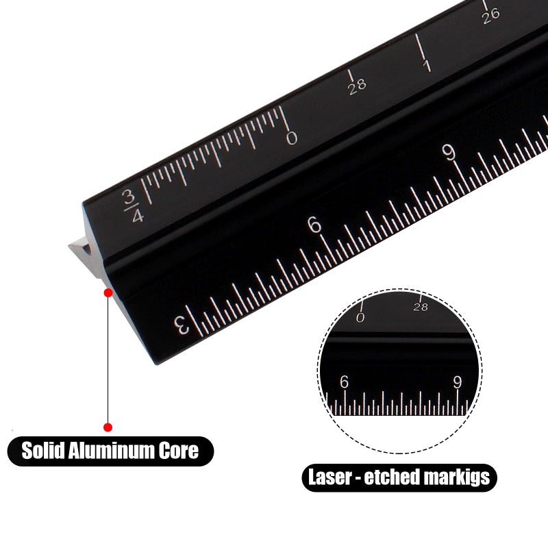 DSUWAZU 12" Architectural Scale Ruler, Aluminum Scale, Triangular Ruler, Scale Ruler for Blueprint Imperial Measurements for Architects Engineering Artists, Draftsman Drawing, Laser-Etched Markings.(Black) - Image 2