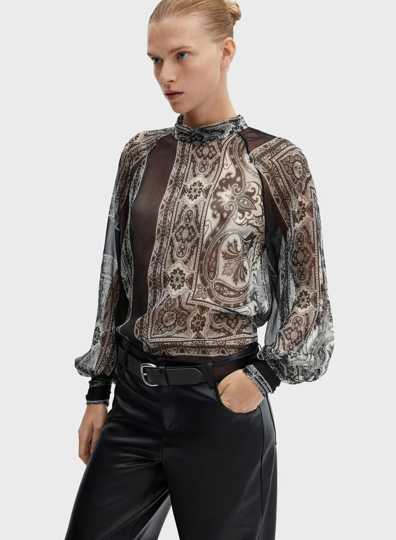MANGO Balloon Sleeve Printed Top