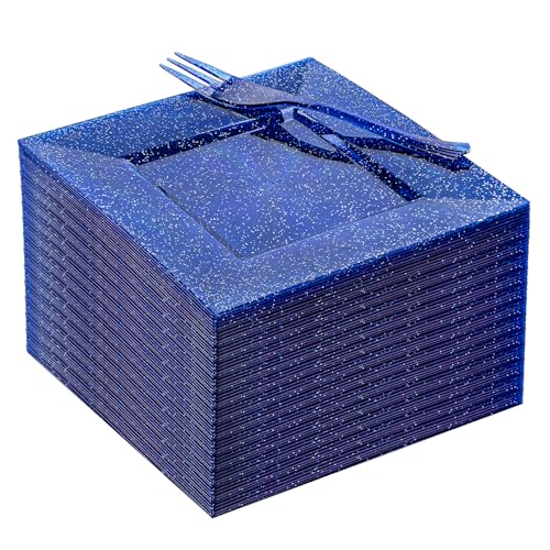 DaYammi 100Pcs Blue Dessert Plates 6" with Forks 5.7"- Small Disposable Dessert Plates- Serve 50 Guests include 50 Cake plates,50 Plastic Forks for Party,Disposable Appetizer plates for Wedding - Image 1