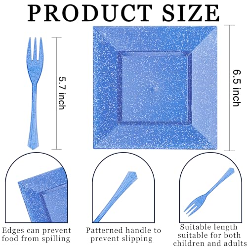 DaYammi 100Pcs Blue Dessert Plates 6" with Forks 5.7"- Small Disposable Dessert Plates- Serve 50 Guests include 50 Cake plates,50 Plastic Forks for Party,Disposable Appetizer plates for Wedding - Image 2