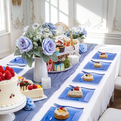DaYammi 100Pcs Blue Dessert Plates 6" with Forks 5.7"- Small Disposable Dessert Plates- Serve 50 Guests include 50 Cake plates,50 Plastic Forks for Party,Disposable Appetizer plates for Wedding - Image 3