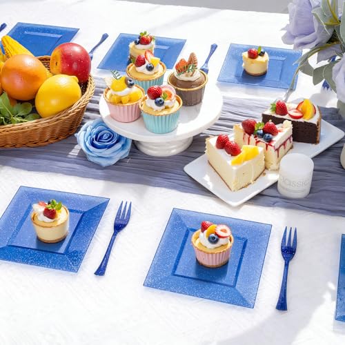 DaYammi 100Pcs Blue Dessert Plates 6" with Forks 5.7"- Small Disposable Dessert Plates- Serve 50 Guests include 50 Cake plates,50 Plastic Forks for Party,Disposable Appetizer plates for Wedding - Image 4