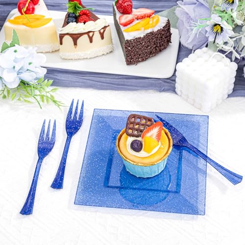 DaYammi 100Pcs Blue Dessert Plates 6" with Forks 5.7"- Small Disposable Dessert Plates- Serve 50 Guests include 50 Cake plates,50 Plastic Forks for Party,Disposable Appetizer plates for Wedding - Image 5