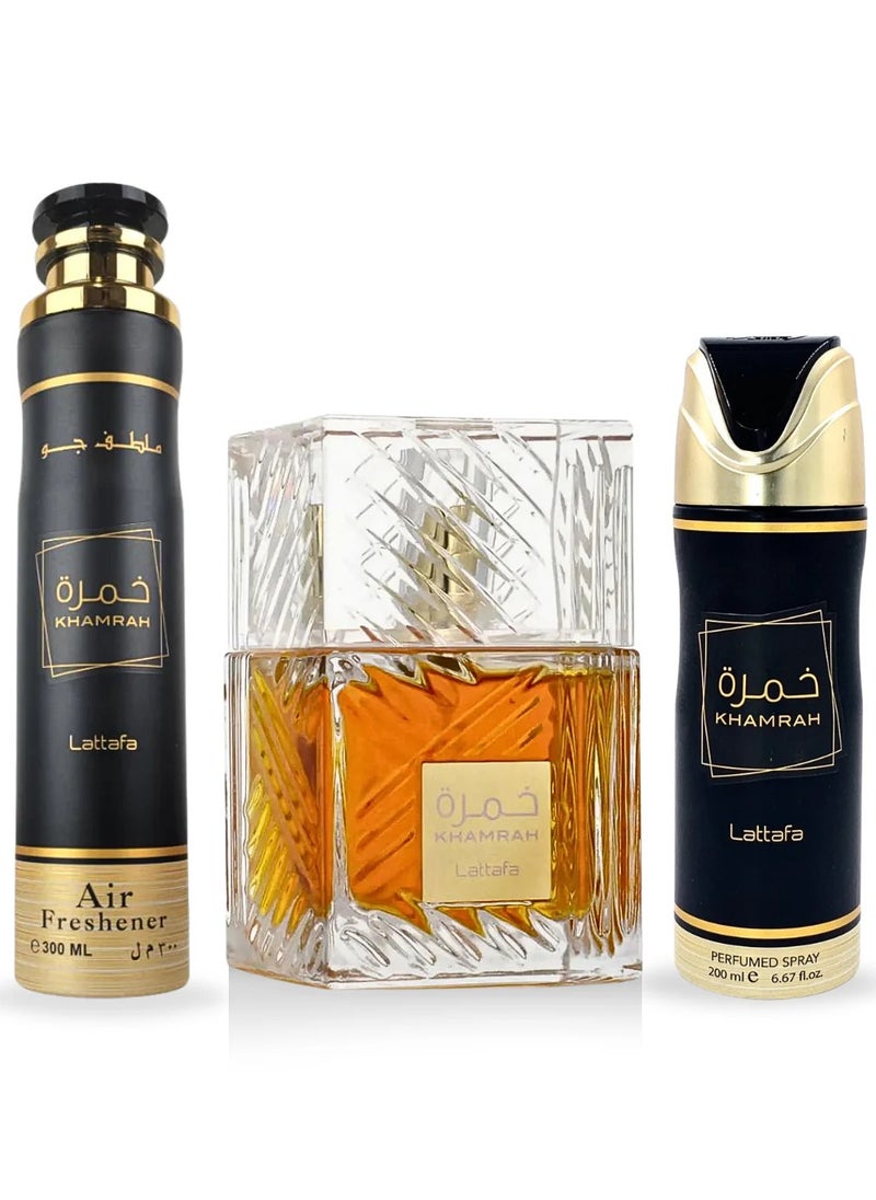 Lattafa - Khamrah Gift Set EDP - 100ML, Perfumed Spray 200ML, Air Freshener 300ML | Gift Set by Lattafa - Image 1