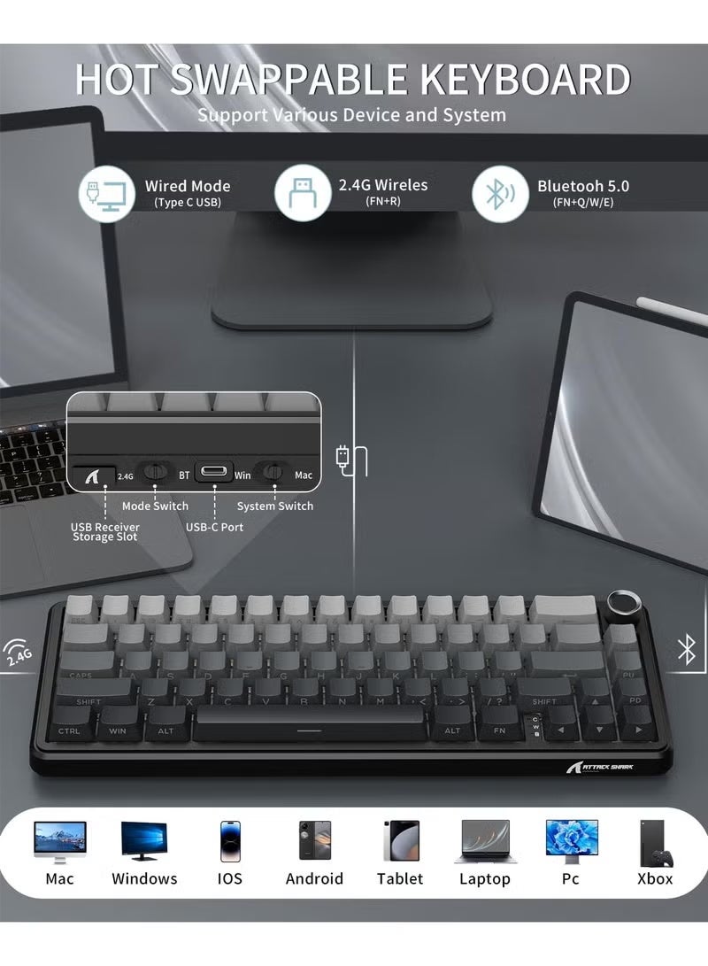 Attack Shark X66 Wireless Mechanical Gaming Keyboard with Knob,Tri Mode USB-C/BT5.0/2.4G Gasket Mounted 60% RGB Gaming Keyboard, Side Printed PBT Keycap,Hot Swappable Strawberry Switch(Moonlight) - Image 3