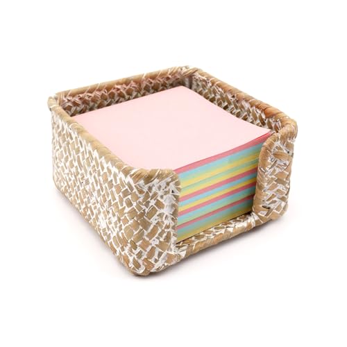 Shonmogar Sticky Note Holder Seagrass Post It Note Dispenser, 3 x 3 Inch Woven Sticky Note Dispenser, Farmhouse Post It Holder for Desk Home Office Decor, Whitewash - Image 1