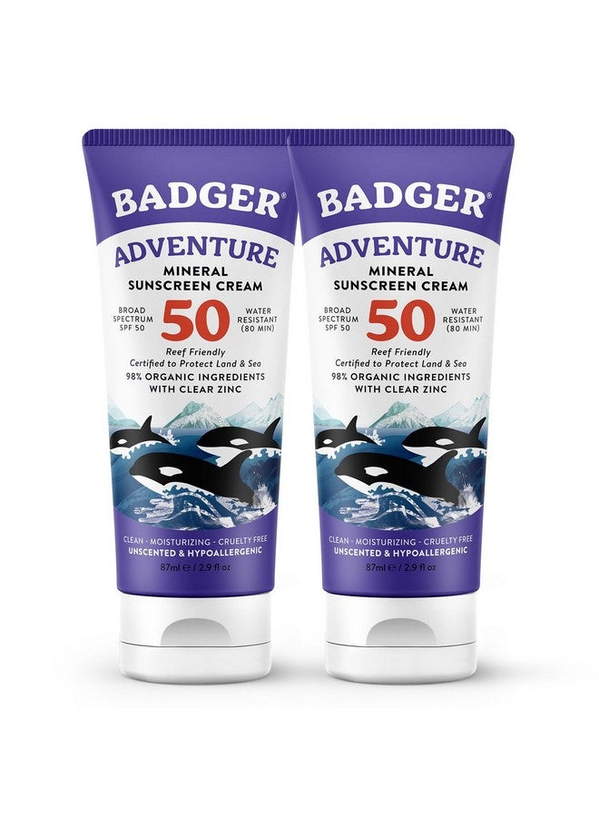 بادجير واقي شمس Badger Mineral Sunscreen SPF 50 من أكسيد الزنك مع 98% من المكونات العضوية، آمن على الشعاب المرجانية، واسع الطيف، مضاد للحساسية، مقاوم للماء، بدون رائحة، واقي شمس للرياضات المغامرة، 2.9 أونصة سائلة (عبوة من قطعتين) - Image 1