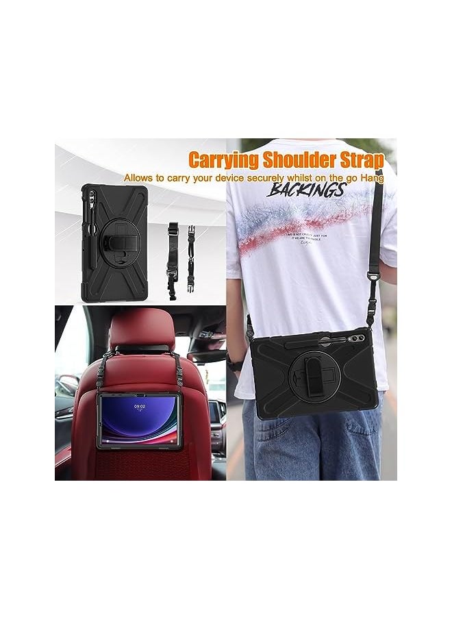Rugged Case For Samsung Galaxy Tab S9Fe Plus S9 Plus S8 Plus S7 Plus S7 Fe Samsung Tab S9 Fe Plus S9 Plus S8 Plus S7 Plus 12.4 Inch Case With S Pen Holder Ratable Stand Hand Strap Shoulder Belt Black