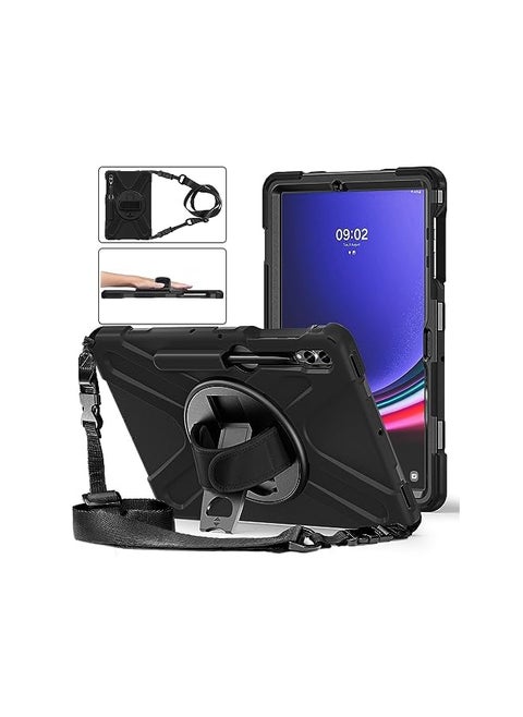 Rugged Case For Samsung Galaxy Tab S9Fe Plus S9 Plus S8 Plus S7 Plus S7 Fe Samsung Tab S9 Fe Plus S9 Plus S8 Plus S7 Plus 12.4 Inch Case With S Pen Holder Ratable Stand Hand Strap Shoulder Belt Black