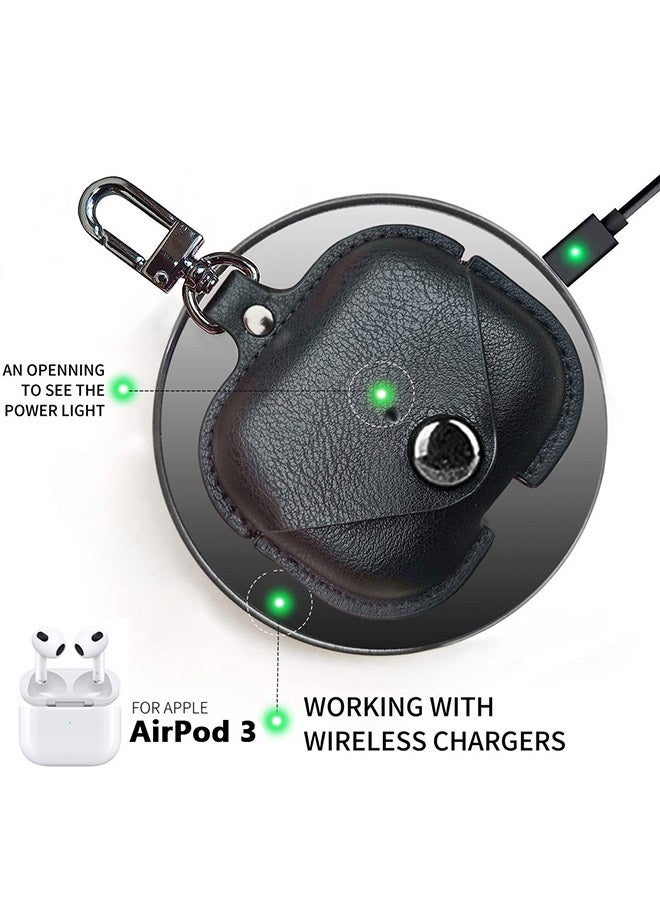 Leather Case Shockproof Cover With KeychainFor Apple AirPods 3 (3rd Generation) Black - Image 3