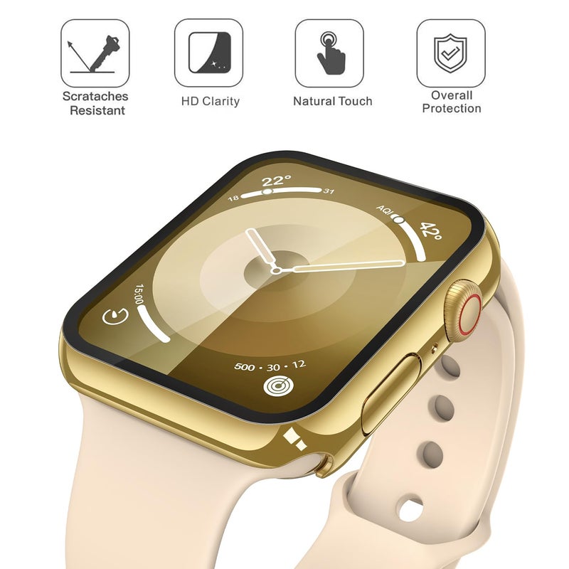 Misxi 2 Pack Tempered Glass Case Compatible for Apple Watch Series 9 Series 8 Series 7 45mm, Hard PC Screen Protector Overall Protection Scratch-Resistant Cover for iWatch, 1 Gold + 1 Transparent - Image 3