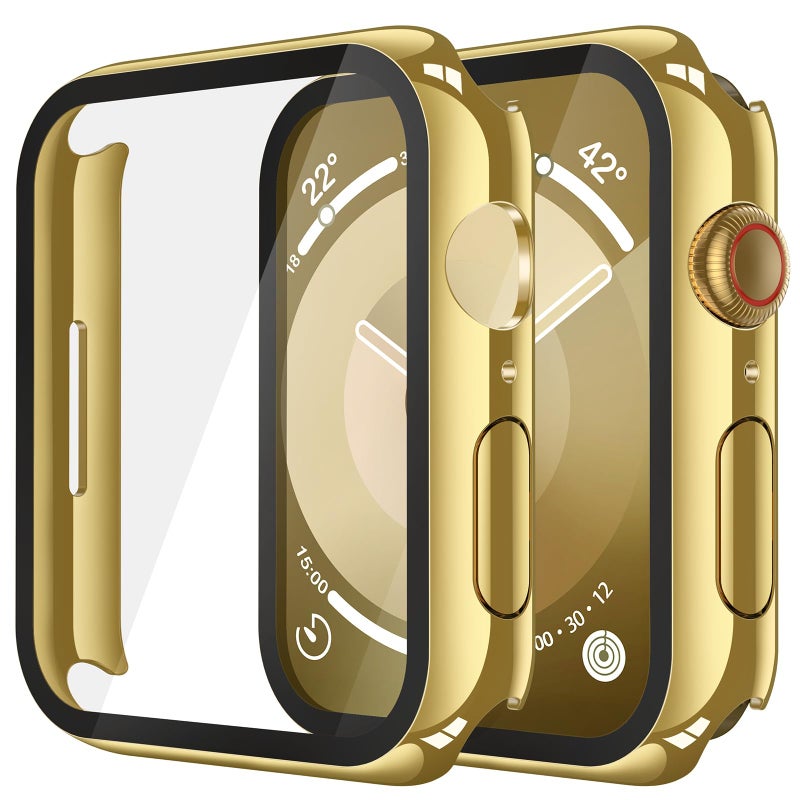 Misxi 2 Pack Tempered Glass Case Compatible for Apple Watch Series 9 Series 8 Series 7 45mm, Hard PC Screen Protector Overall Protection Scratch-Resistant Cover for iWatch, 1 Gold + 1 Transparent - Image 1