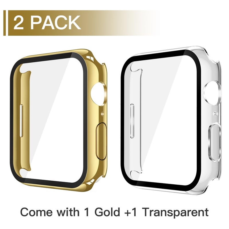 Misxi 2 Pack Tempered Glass Case Compatible for Apple Watch Series 9 Series 8 Series 7 45mm, Hard PC Screen Protector Overall Protection Scratch-Resistant Cover for iWatch, 1 Gold + 1 Transparent - Image 2