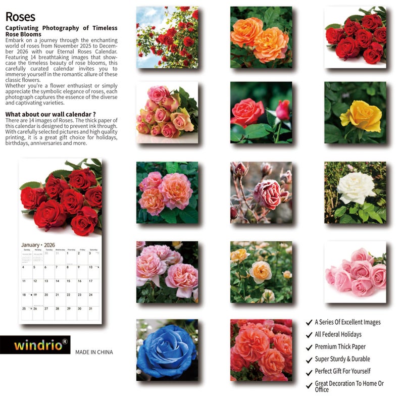 windrio 2026 Wall Calendar,Calendar 2026, November 2025 - December 2026, Wall Calendar Roses, 12" x 24" Opened,Full Page Months Thick & Sturdy Paper for Calendar Organizing & Planning - Image 2