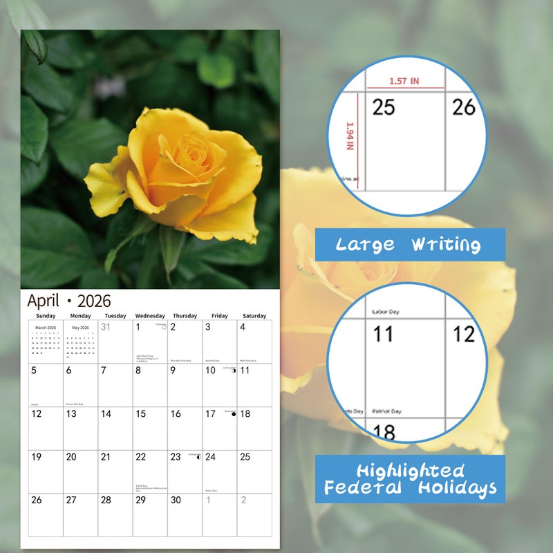 windrio 2026 Wall Calendar,Calendar 2026, November 2025 - December 2026, Wall Calendar Roses, 12" x 24" Opened,Full Page Months Thick & Sturdy Paper for Calendar Organizing & Planning - Image 3