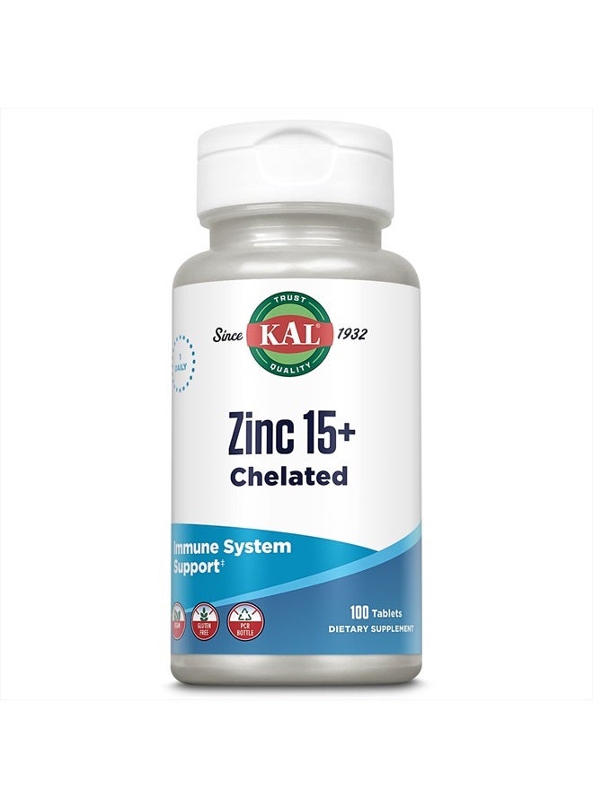 KAL Zinc 15+ with Betaine HCl & Trace Minerals, Healthy Metabolism & Immune System Function Support, Chelated for Absorption, Vegetarian, 100 Tablets - Image 1