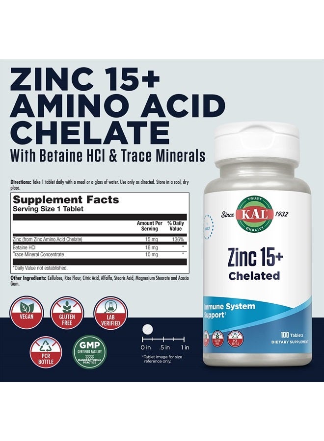 KAL Zinc 15+ with Betaine HCl & Trace Minerals, Healthy Metabolism & Immune System Function Support, Chelated for Absorption, Vegetarian, 100 Tablets - Image 2