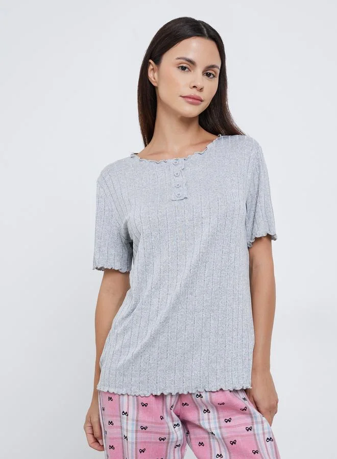 Styli Styli Textured Stripe Placket Front T-Shirt and Checked Pyjama Set