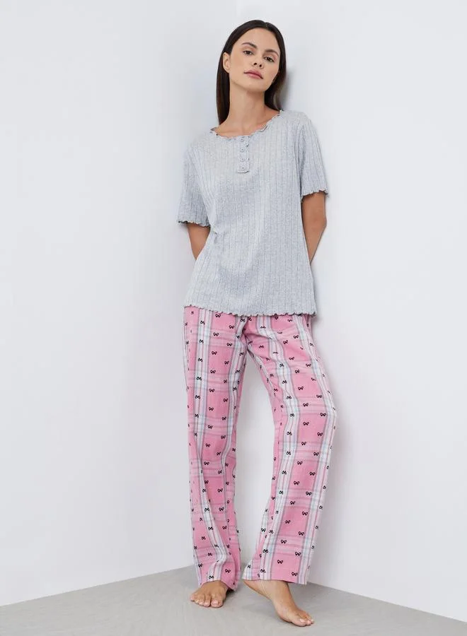 Styli Styli Textured Stripe Placket Front T-Shirt and Checked Pyjama Set