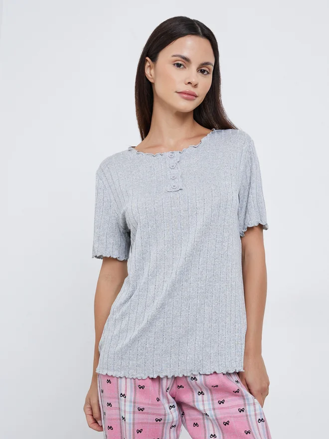 Styli Styli Textured Stripe Placket Front T-Shirt and Checked Pyjama Set