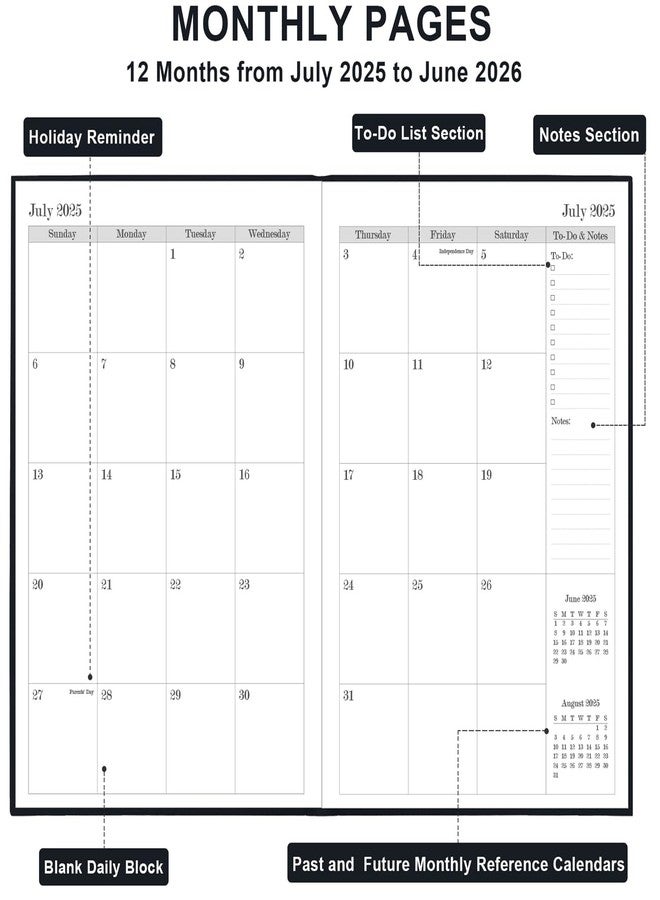 Tuun Fuplan 2025-2026 Daily & Monthly Planner - Daily Planner One Page Per Day from July 2025 to June 2026, 5.8'' x 8.3'' Hourly Appointment Book Perfect Organizer Daily Life, Fabric Cover, Black - Image 4