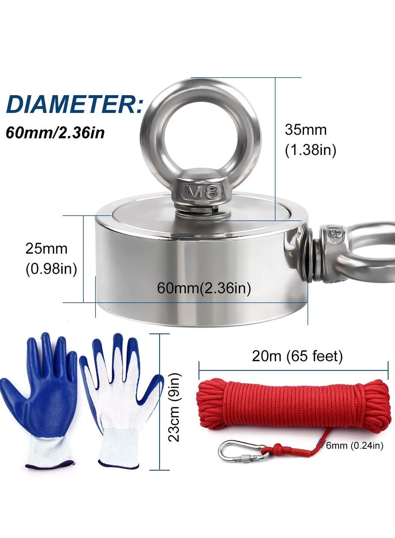 SYOSI Strong Double Side Neodymium Fishing Magnets,750 lbs(340KG) Pulling Force Rare Earth Magnet with 20m (65 Foot) Durable Rope and Protective Gloves,for Retrieving in River and Magnetic Fish - Image 5