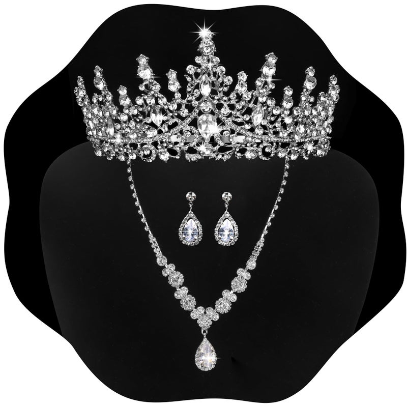 KICOSY Silver Jewelry Set for Women Crystal Crown Tiara and Necklace Kit, Crown Earrings Neck Accessories for Bride Wedding Halloween Prom Pageant Jewelry Birthday Costume Party Bridesmaid Dress up - Image 1