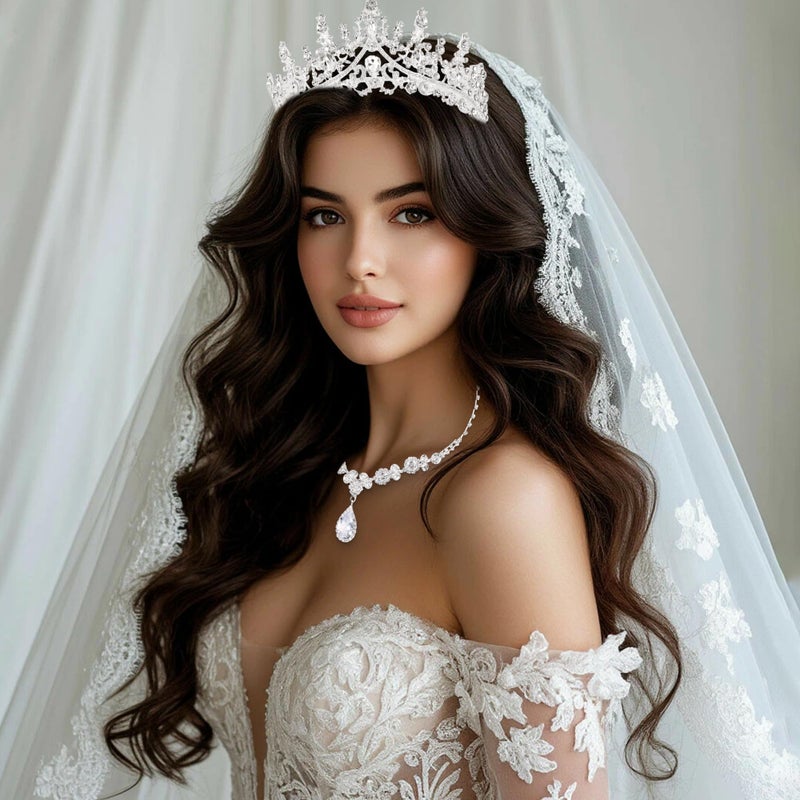 KICOSY Silver Jewelry Set for Women Crystal Crown Tiara and Necklace Kit, Crown Earrings Neck Accessories for Bride Wedding Halloween Prom Pageant Jewelry Birthday Costume Party Bridesmaid Dress up - Image 3