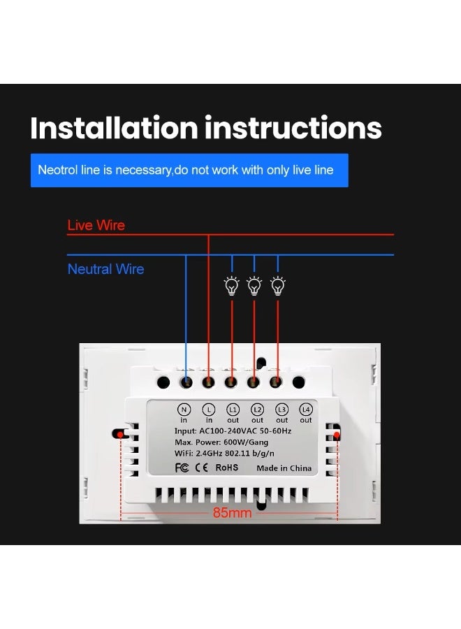 Tuya WIFI 4 Gang Light Touch Switch Works with Google Home - Image 3