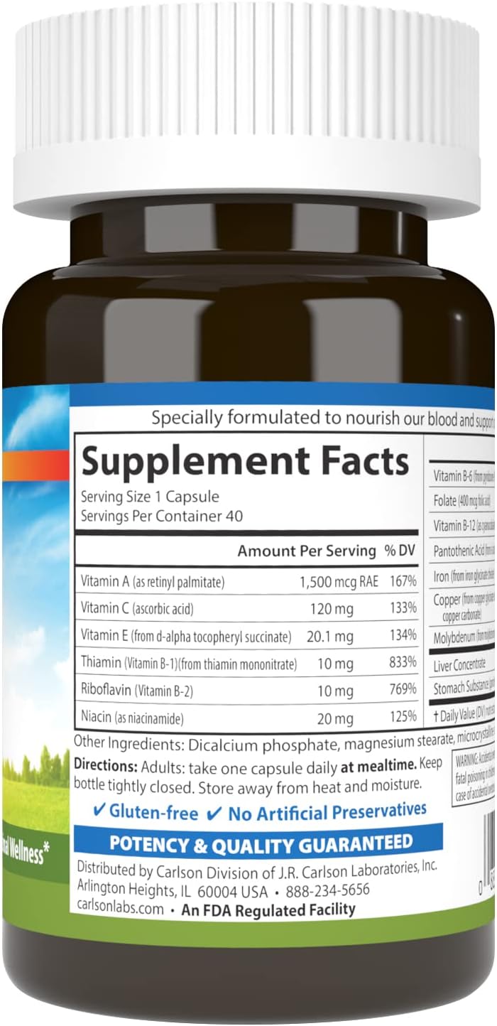 Carlson  Blood Nutrients 28 mg Iron Blood Development Iron Absorption  Optimal Wellness 40 Capsules - Image 2
