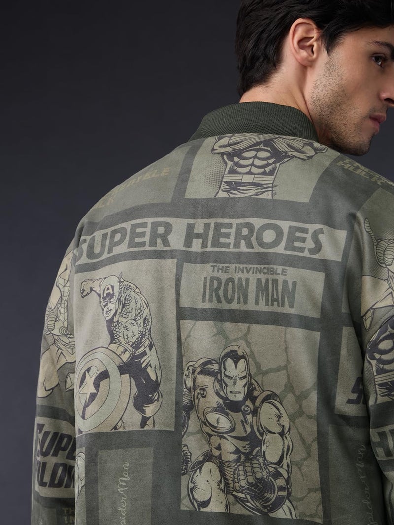 The Souled Store Marvel: Heroes Assemble Men and Boys Full Sleeves Round Neck Dark Green Graphic Printed Polyester Regular Fit Lightweight Reversible Bomber Jacket - Image 4
