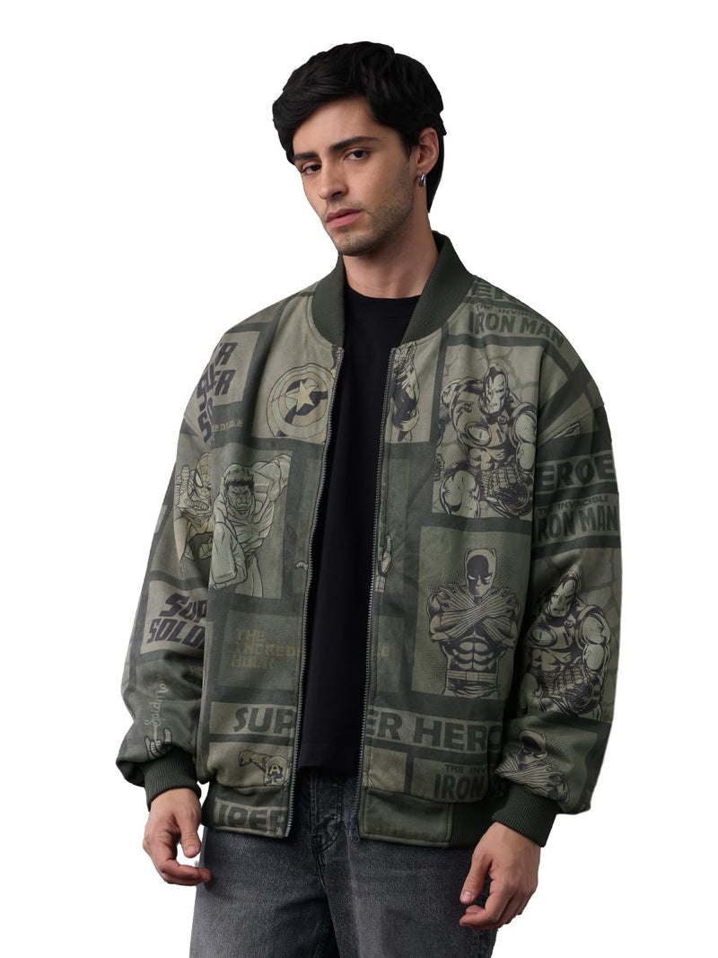The Souled Store Marvel: Heroes Assemble Men and Boys Full Sleeves Round Neck Dark Green Graphic Printed Polyester Regular Fit Lightweight Reversible Bomber Jacket - Image 1