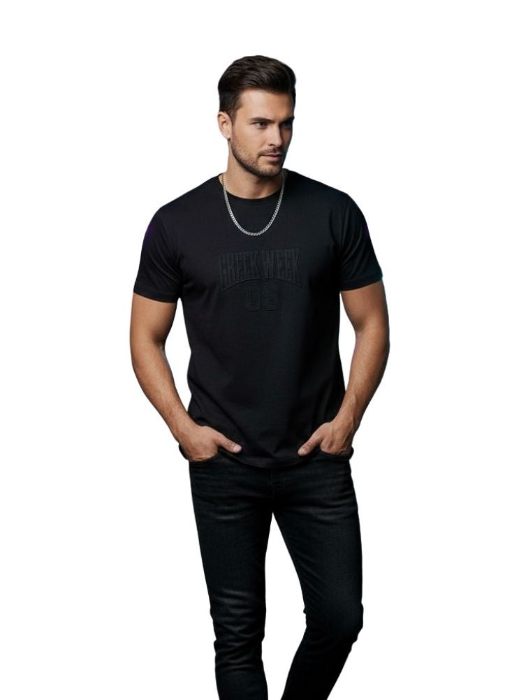 Premium Black Oversized T-Shirt with Embossed “GREEK WEEK 08” – Urban Streetwear Look - Image 1