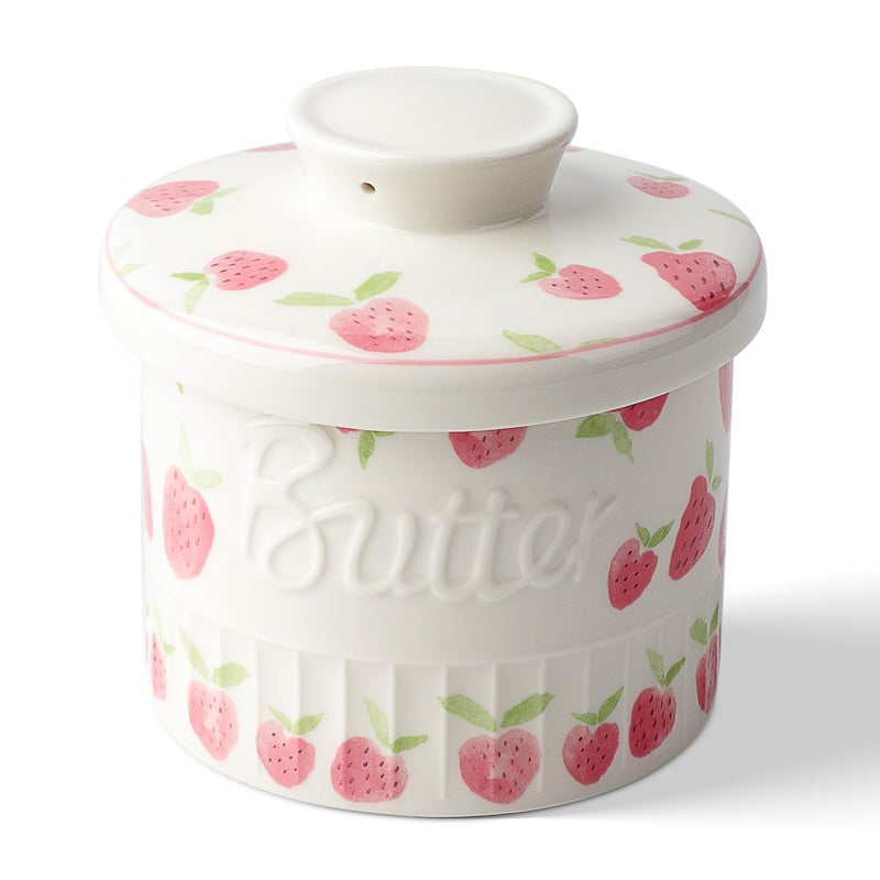 Toptier Butter Crock for Counter With Water Line On Demand Spreadable Butter Ceramic Butter Keeper to Leave On Counter French Butter Dish with Lid Strawberry