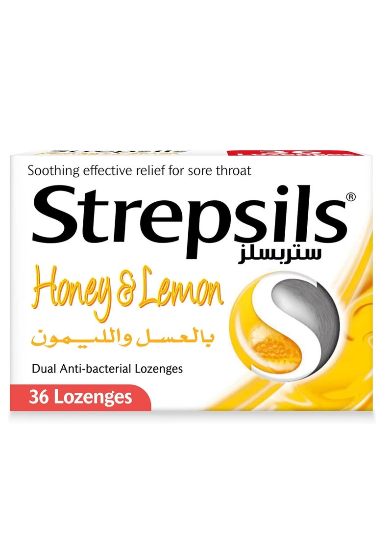 Strepsils Honey & Lemon Dual Anti-Bacterial Action Fast Effective Relief from Sore Throats 36 Lozenges 