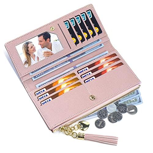 SUMGOGO Wallets for Women Slim Clutch Purse Handbag Card Holder Womens Long Tassel Zipper Pocket Fashion Taiga Leather Billfold Wallet (Pink) - Image 4