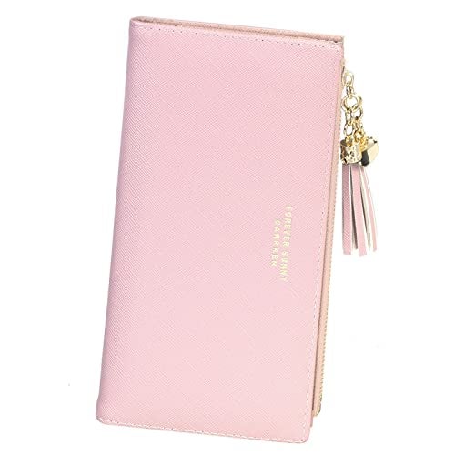 SUMGOGO Wallets for Women Slim Clutch Purse Handbag Card Holder Womens Long Tassel Zipper Pocket Fashion Taiga Leather Billfold Wallet (Pink) - Image 1