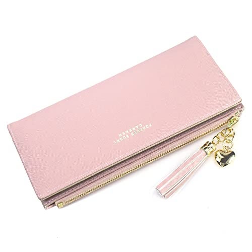 SUMGOGO Wallets for Women Slim Clutch Purse Handbag Card Holder Womens Long Tassel Zipper Pocket Fashion Taiga Leather Billfold Wallet (Pink) - Image 3