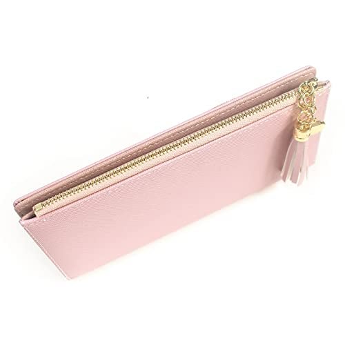 SUMGOGO Wallets for Women Slim Clutch Purse Handbag Card Holder Womens Long Tassel Zipper Pocket Fashion Taiga Leather Billfold Wallet (Pink) - Image 2