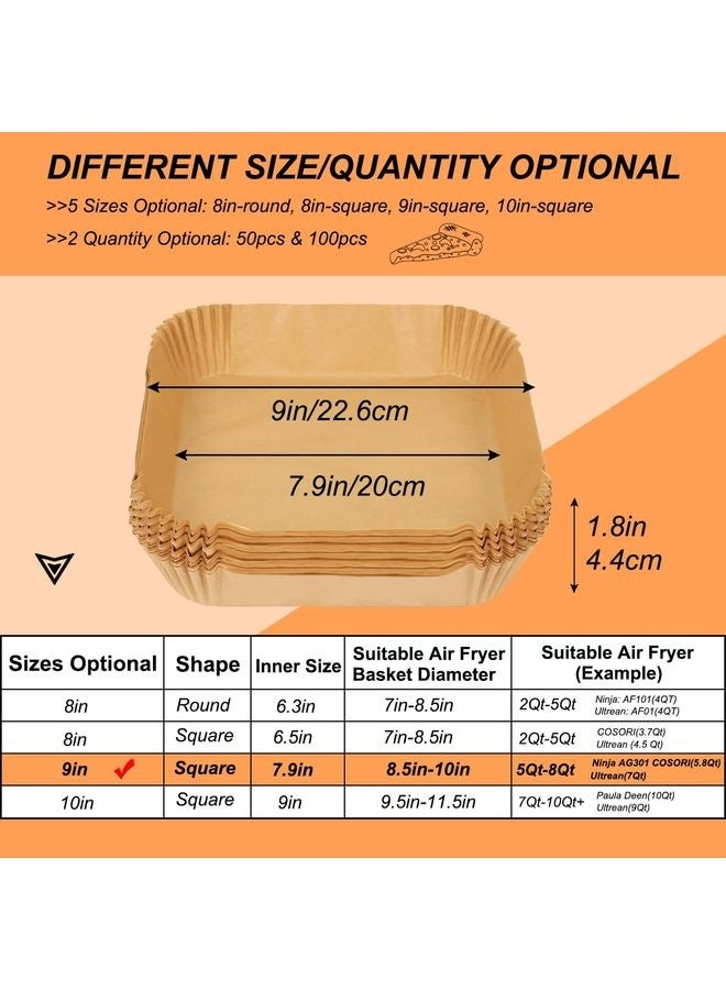 هومستر شرائح مقلاة الهواء لشواية النينجا AG301, AF141 Pro 4-in 1 & More, 9in مربع ورق مقلاة الهواء المربعة القابلة للتخلص للتخلص منها مرشحات من 5 إلى 8 Qt, ملحقات شواء أغذية النينجا (مجموعة من 100) - Image 2