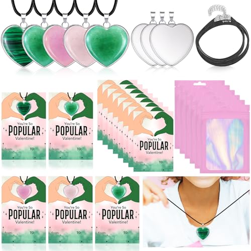 Remerry 24 Sets Valentines Day Witch Themed Gifts Galentines Day Exchange Gift for Best Friends Pink and Green Gemstone Necklace DIY Crafts Kit with Witch Cards Exchange Party Favors for Friends - Image 1