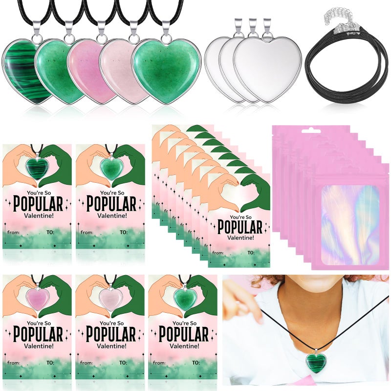 Remerry 24 Sets Valentines Day Witch Themed Gifts Galentines Day Exchange Gift for Best Friends Pink and Green Gemstone Necklace DIY Crafts Kit with Witch Cards Exchange Party Favors for Friends - Image 3