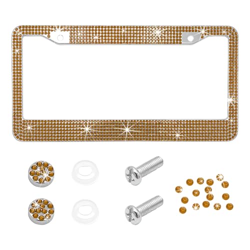 NYTKL Bling Car License Plate Frame Handcrafted Crystal Car Tag Frame with Sparkly Screw Caps Shiny Rhinestone Stainless Steel Licence Plate Holder Decor for Women Girls Coffee - Image 1