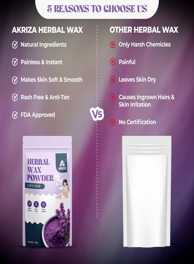AKRIZA Painless Herbal Wax Powder for Hair Removal - 125g | For Women & Men | Quick & Easy Use on Hands, Legs, Underarms, Bikini & Intimate Areas | No Chemicals, No Irritation, All Skin Types (125 Gm, Lavender) - Image 5
